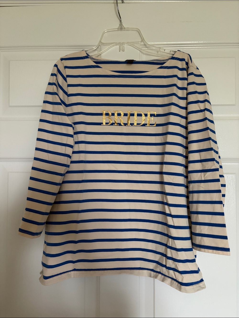 J. Crew Cream & Blue Striped Long Sleeve Top with Gold 'BRIDE' Foil